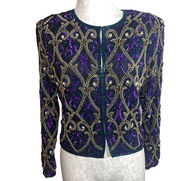 Laurence Kazar Vintage Womens Jacket Size Small Black Sequin Beaded Pure Silk - Picture 1 of 8